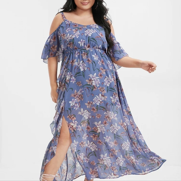 BloomChic Dresses & Skirts - Bloomchic Floral Ruffled Split Cold Shoulder Maxi Dress